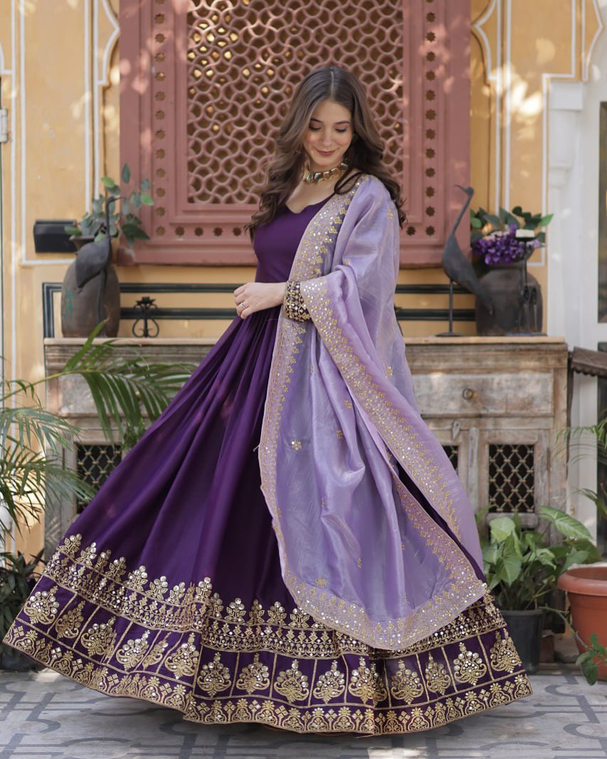 Purple Embroidered Anarkali Gown Set