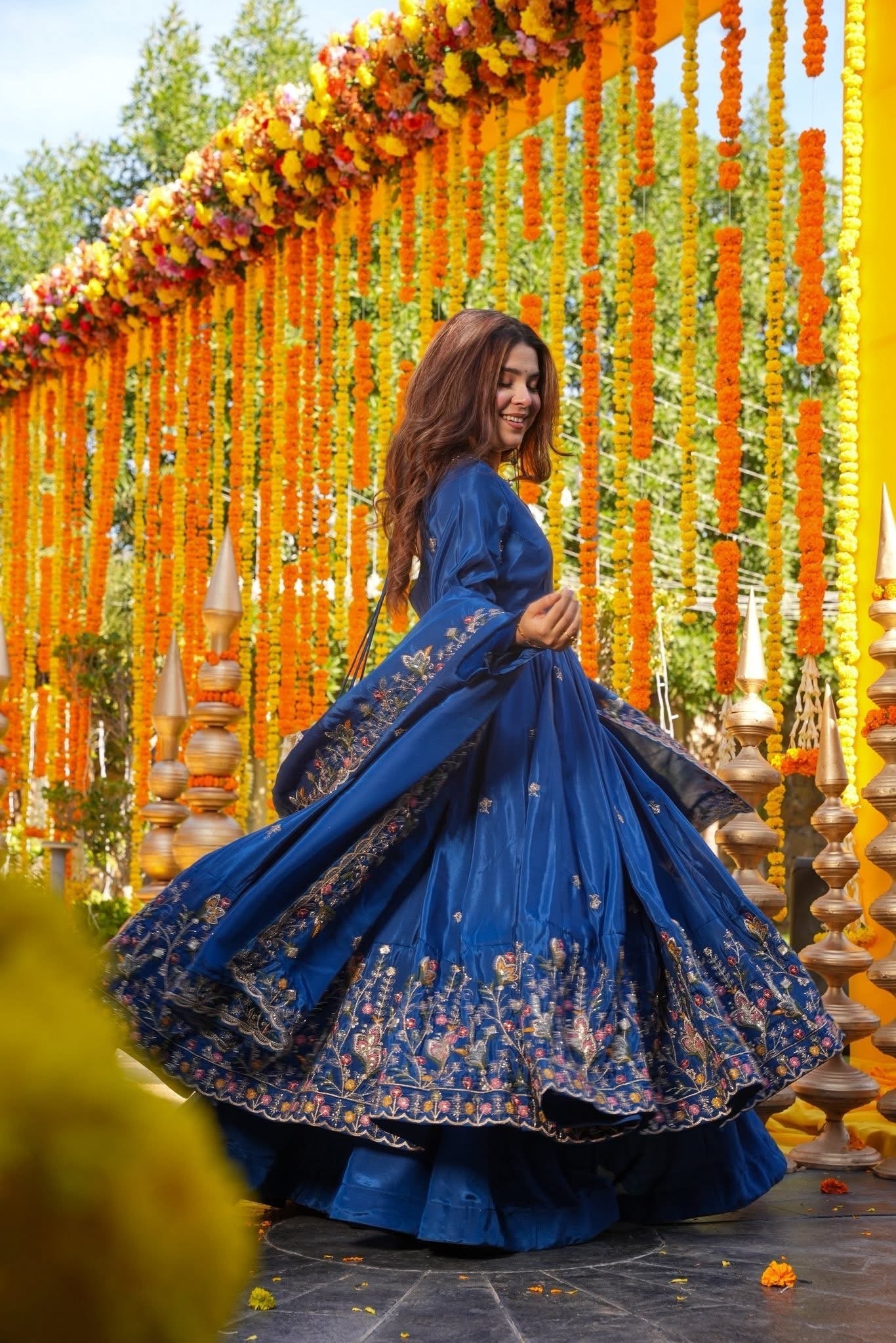 Trendy Blue Chanderi Silk Embroidered Anarkali Suit Set