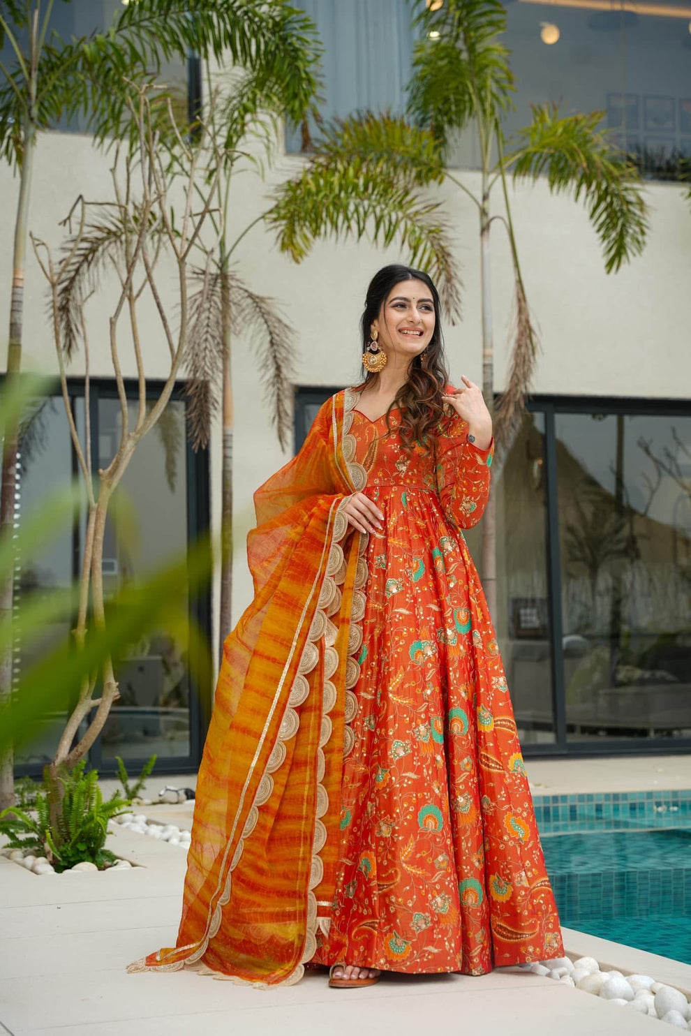 Sunset Bloom Printed Anarkali Set with Organza Dupatta