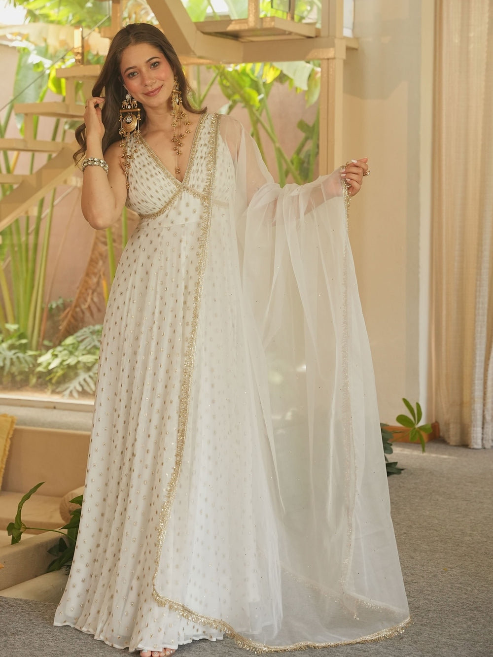 White Embroidered Anarkali Suit Set