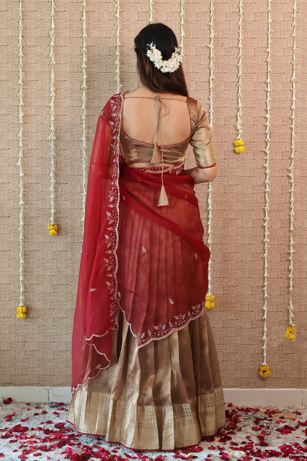 Temple copper Tissue Lehenga Set