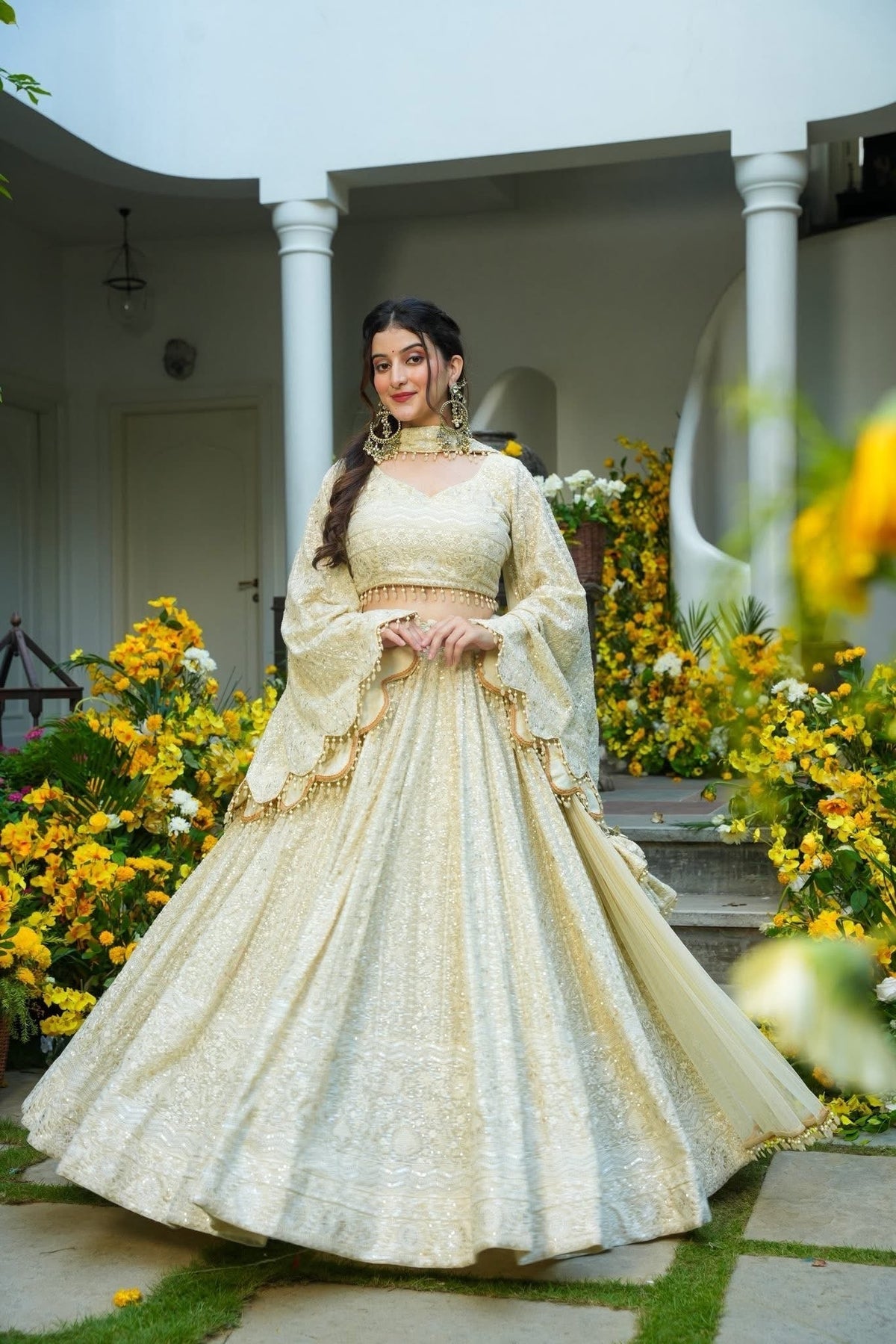 Beautiful Cream Color Full Sequence Work Detailing Lehenga Set