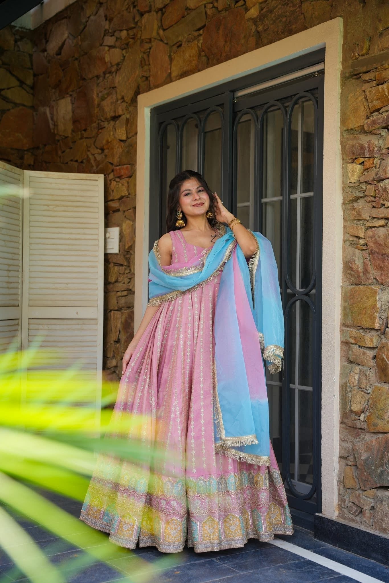 Pastel Pink Patola Anarkali With Sky Blue Dupatta