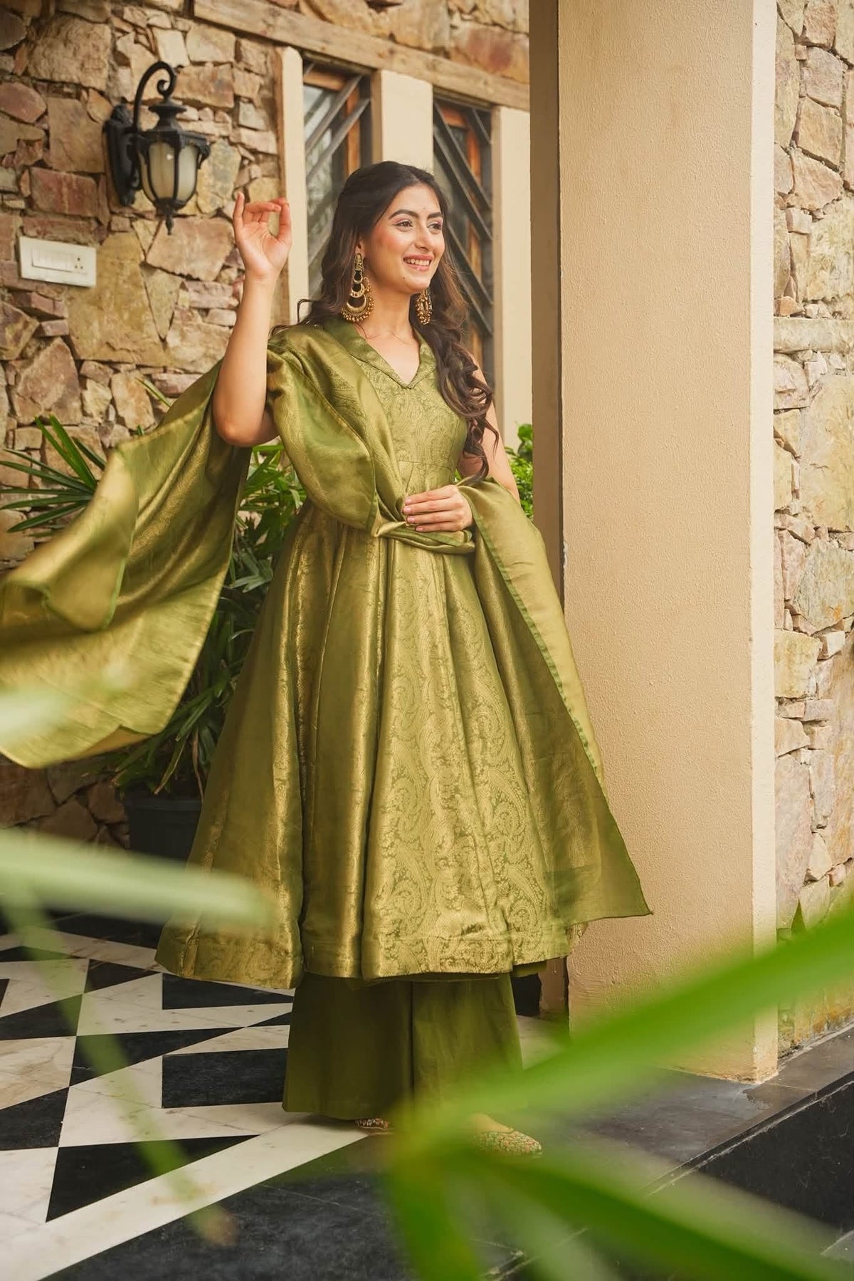 Beautiful Green Banarasi Cosmos Anarkali Suit Set
