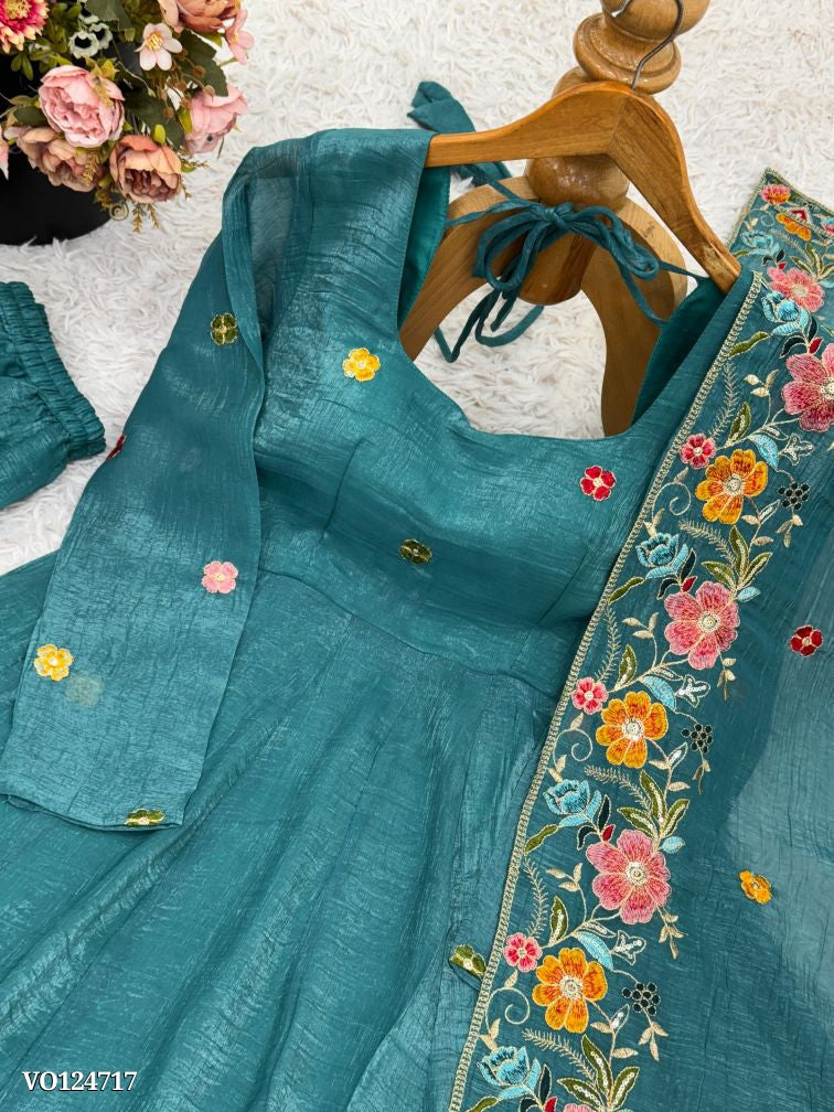 Beautiful Floral Embroidered Teal Green Anarkali Sharara Set