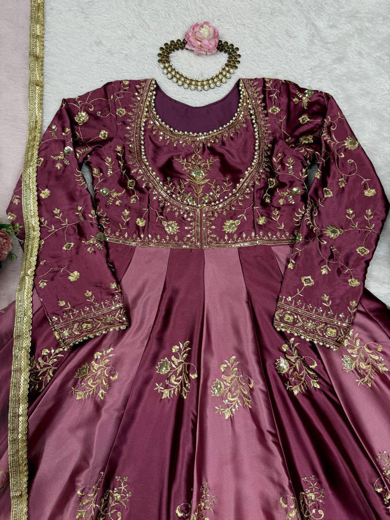 Onion Pink Japan Satin Anarkali with Sequins Work & Butterfly Net Dupatta