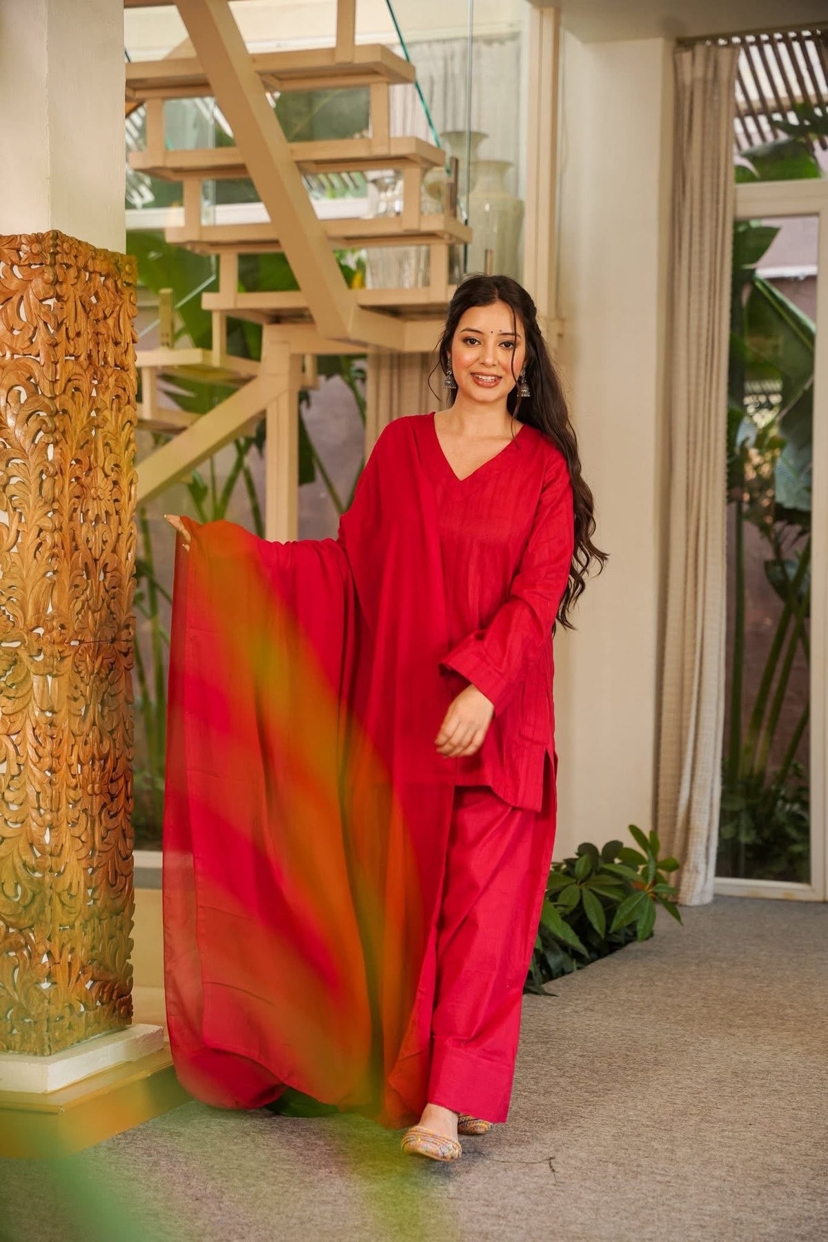 Red Cotton Farshi Salwar Suit Set