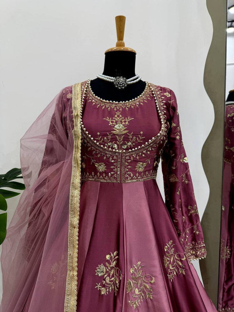 Onion Pink Japan Satin Anarkali with Sequins Work & Butterfly Net Dupatta