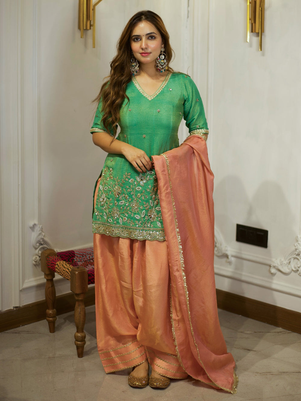 Beautiful Green & Peach Embroidery Patiala Suit