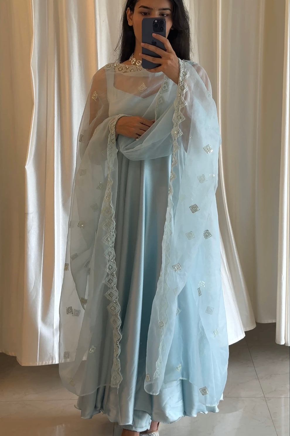 Powder Blue Satin Anarkali Set