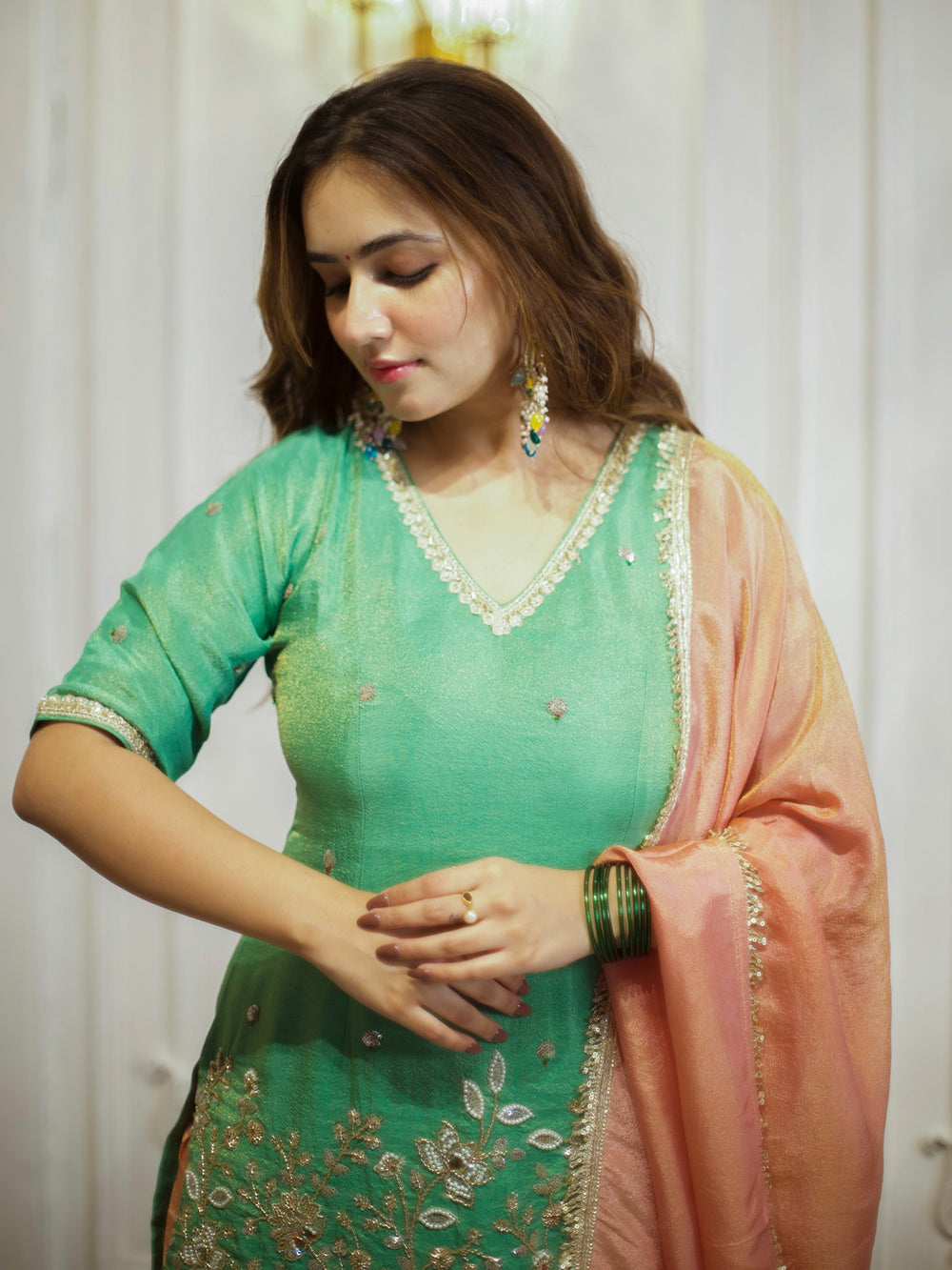 Beautiful Green & Peach Embroidery Patiala Suit