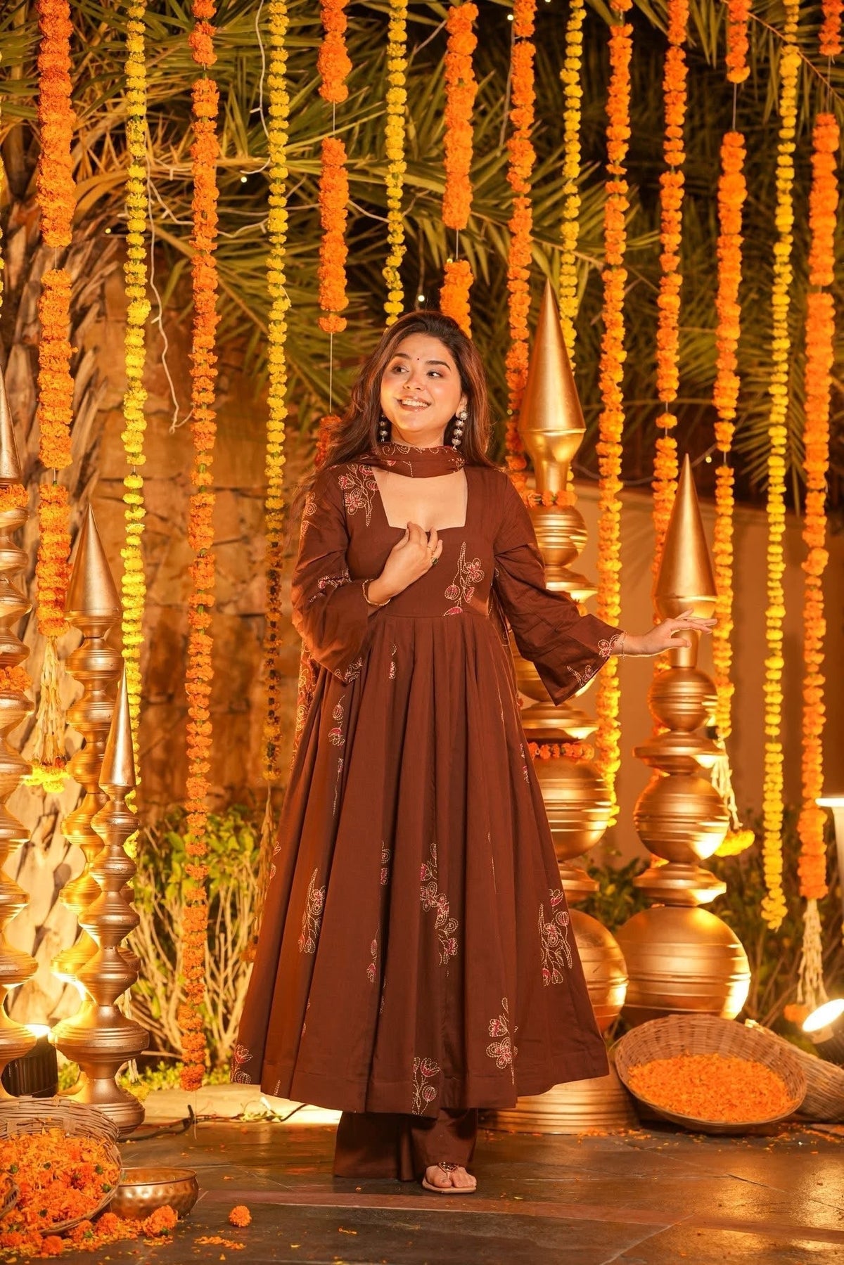 Beautiful Brown Printed Cotton Anarkali Suit