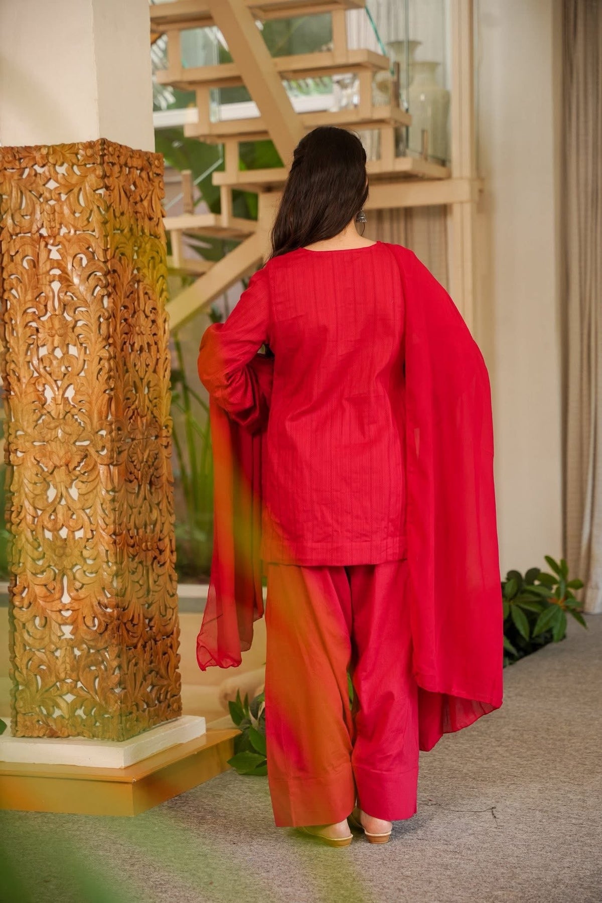Red Cotton Farshi Salwar Suit Set
