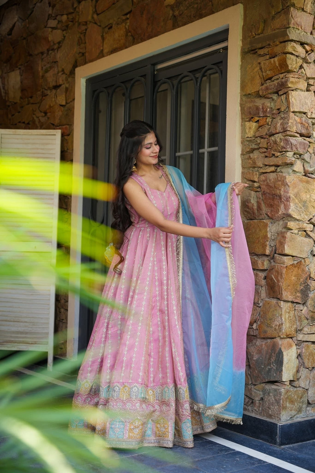 Pastel Pink Patola Anarkali With Sky Blue Dupatta