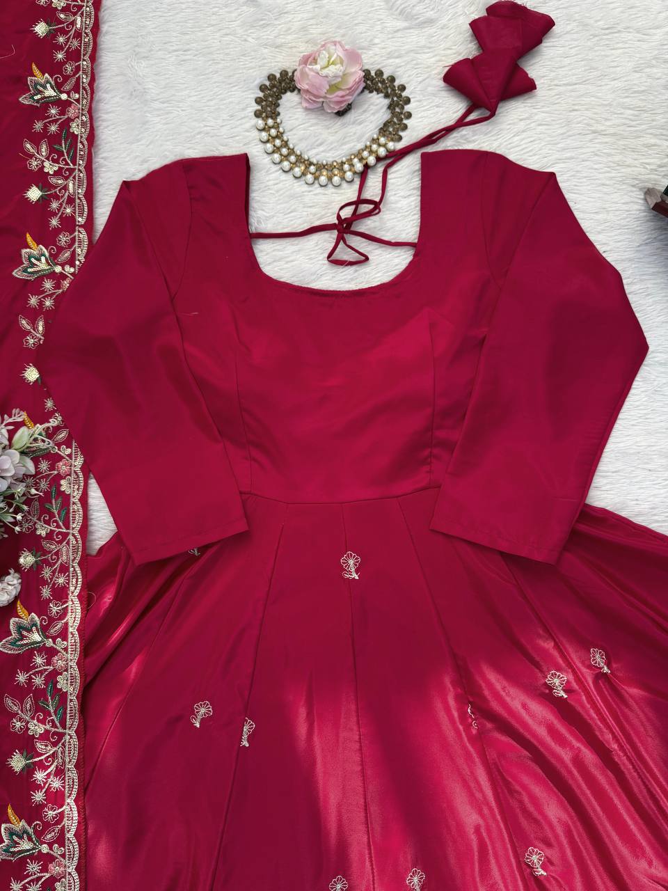 Traditional Chanderi Silk Embroidered Anarkali Suit Set
