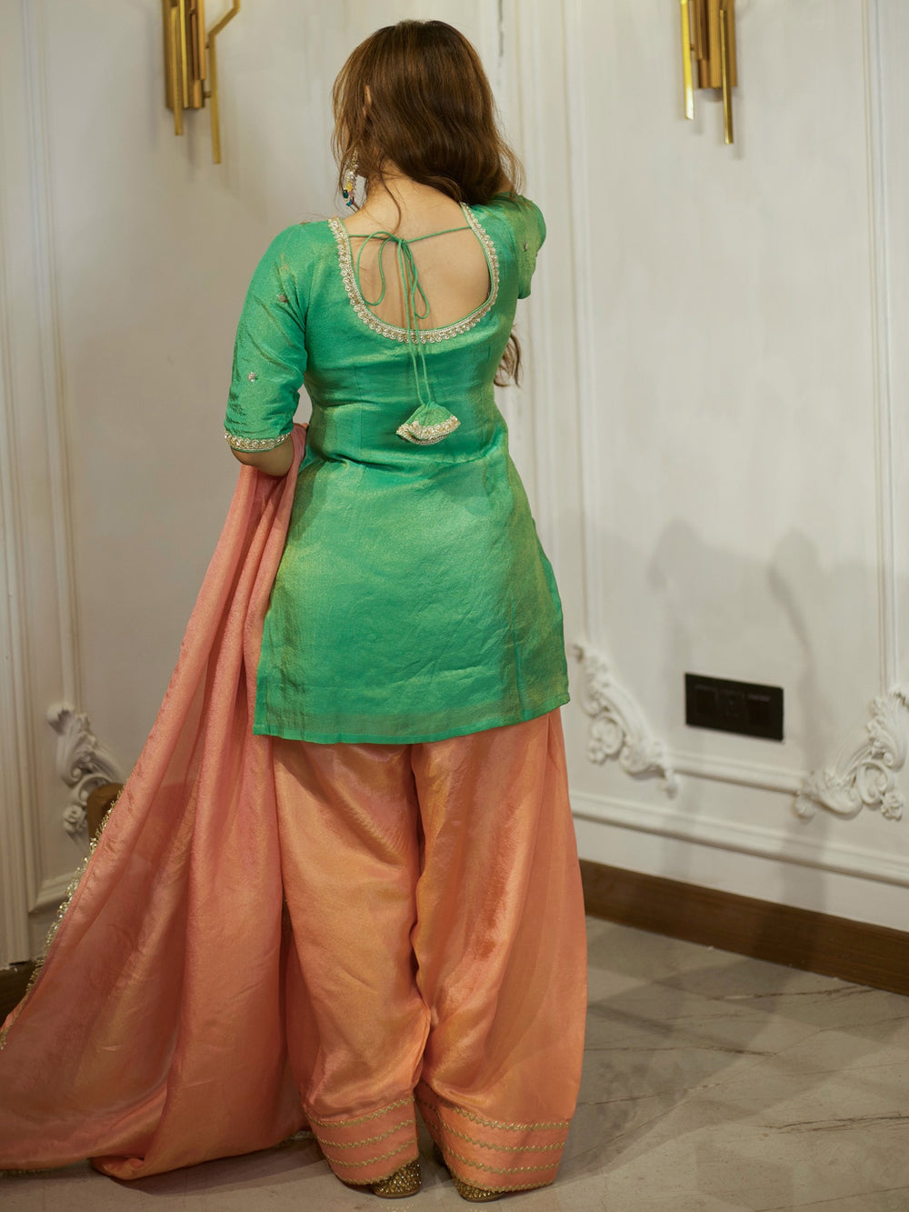 Beautiful Green & Peach Embroidery Patiala Suit