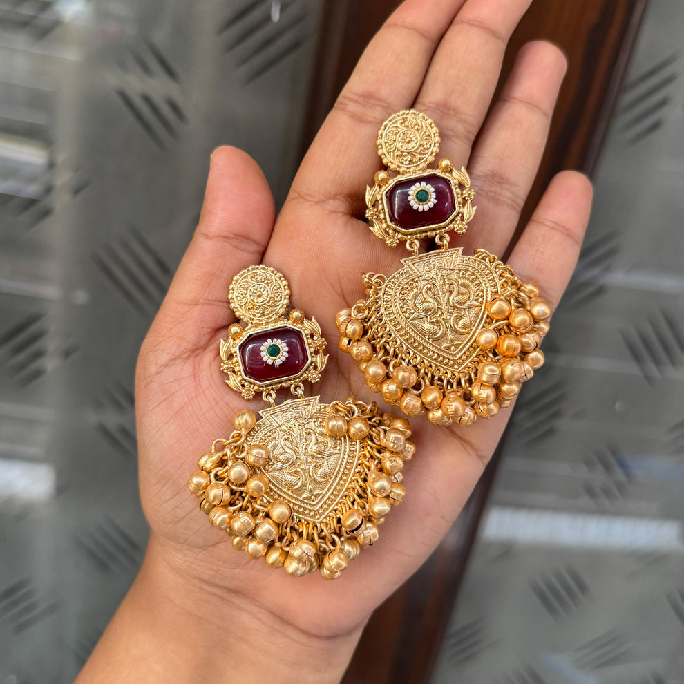 Antique Gold Finish Temple Jhumka Earrings