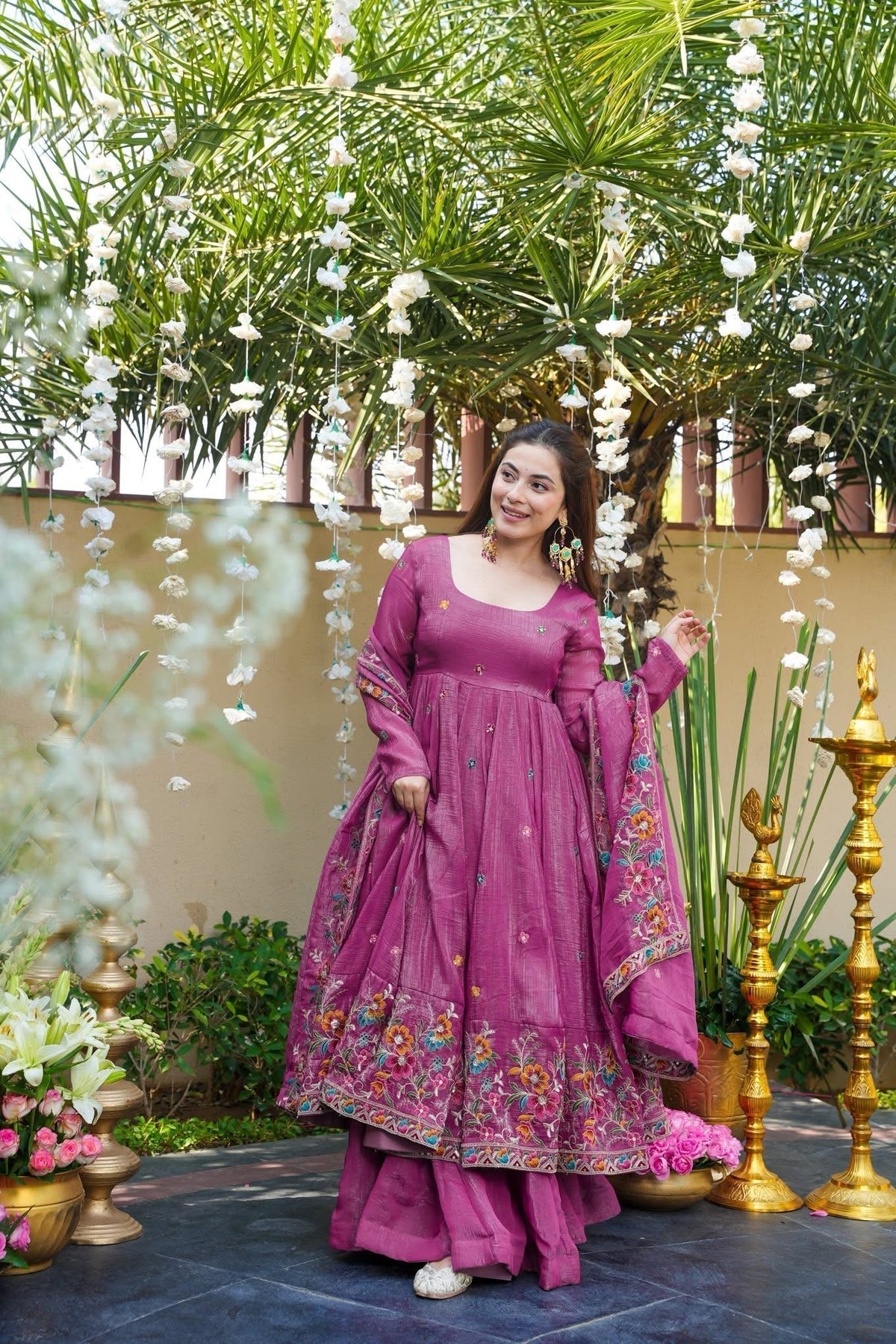 Beautiful Floral Embroidered Pink Anarkali Sharara Set