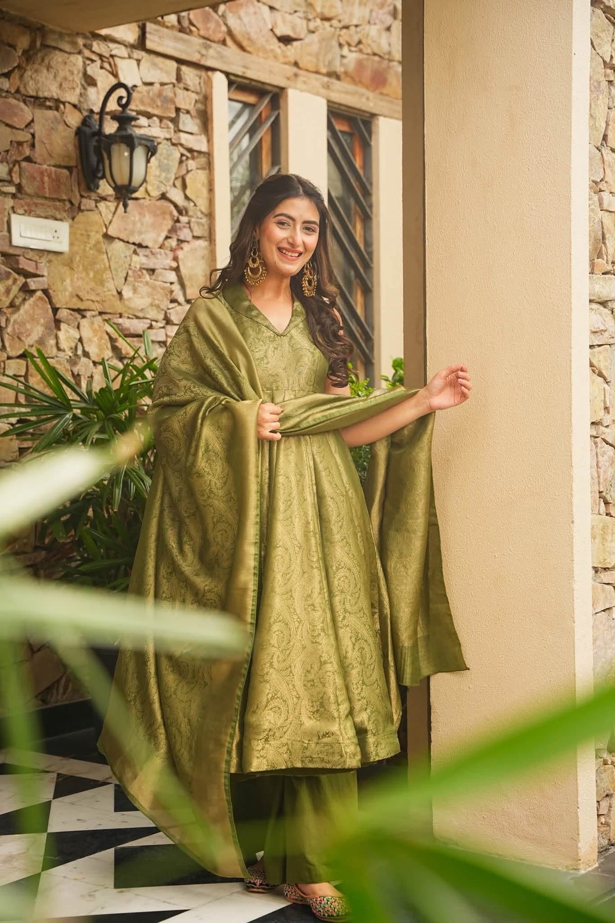 Beautiful Green Banarasi Cosmos Anarkali Suit Set