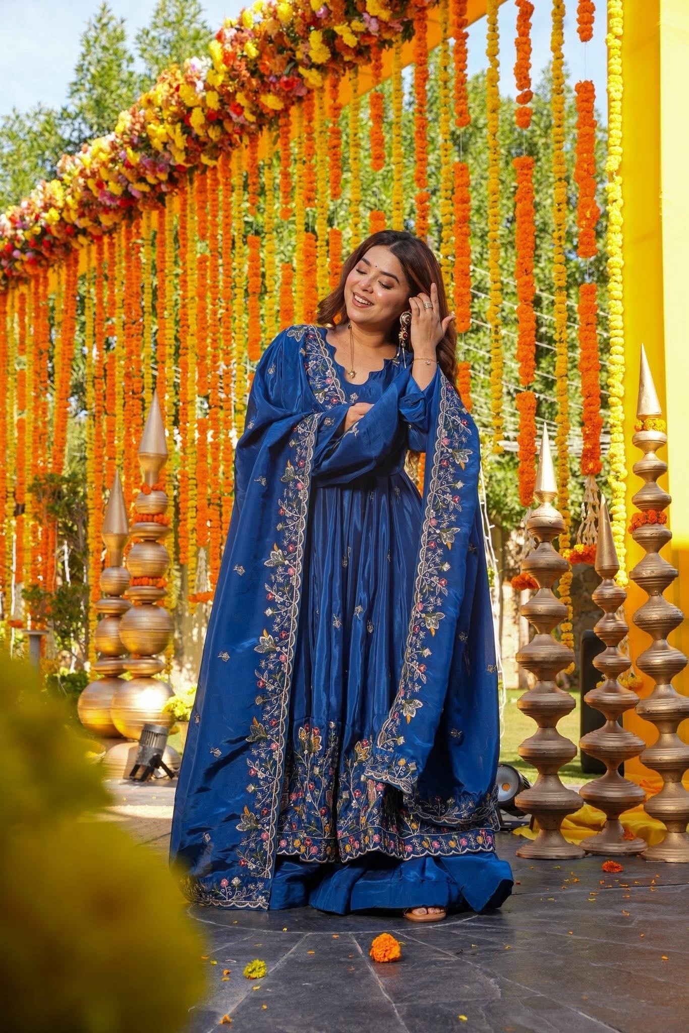 Trendy Blue Chanderi Silk Embroidered Anarkali Suit Set