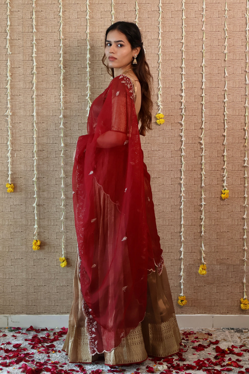 Temple copper Tissue Lehenga Set