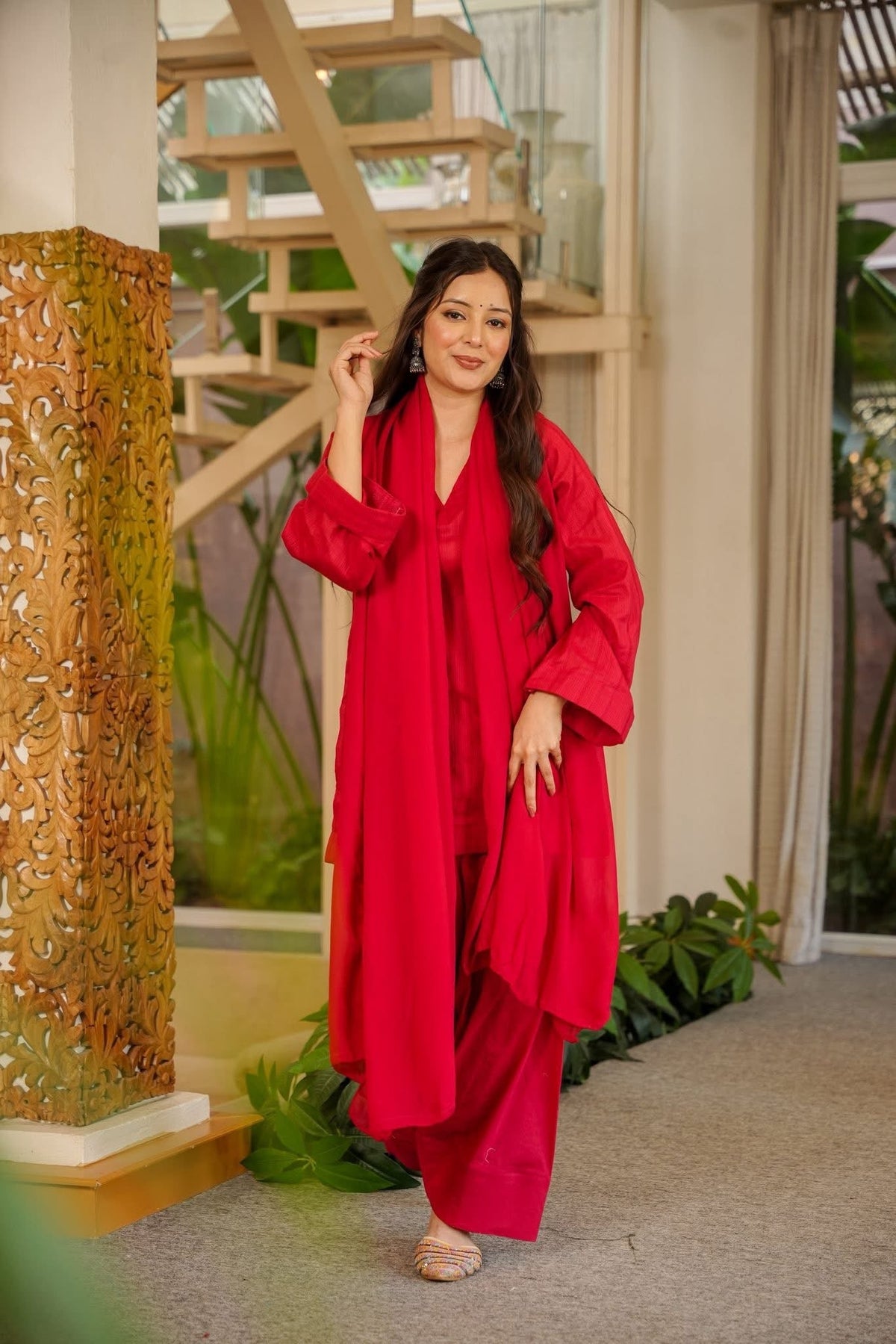 Red Cotton Farshi Salwar Suit Set