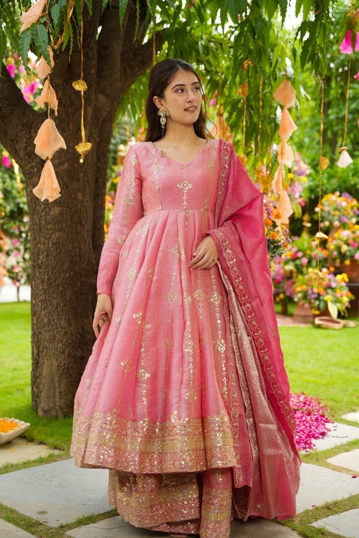 Beautiful Crushed Tissue Silk Anarkali Suit Set