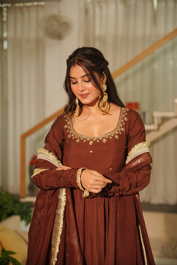 Beautiful Brown Lace Work Anarkali Suit Set