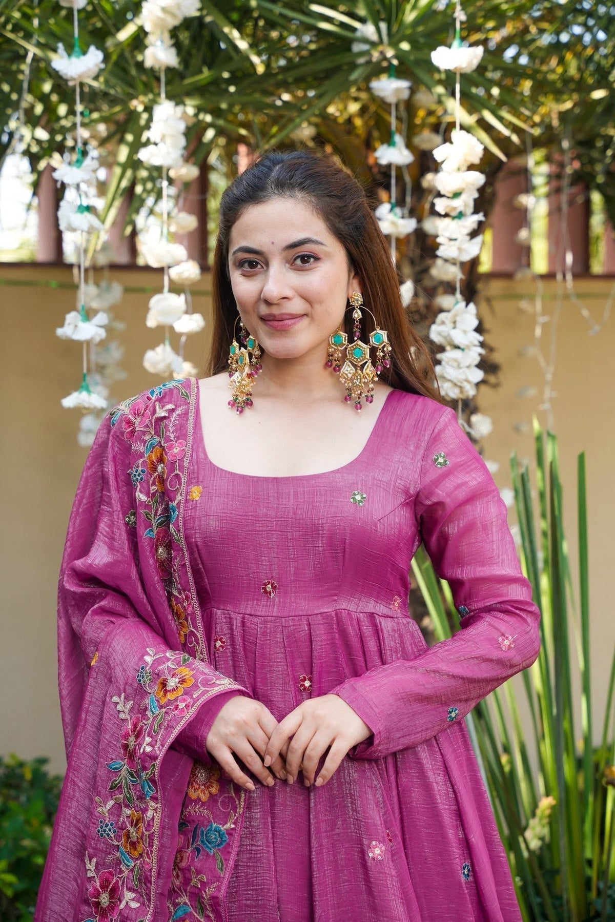 Beautiful Floral Embroidered Pink Anarkali Sharara Set