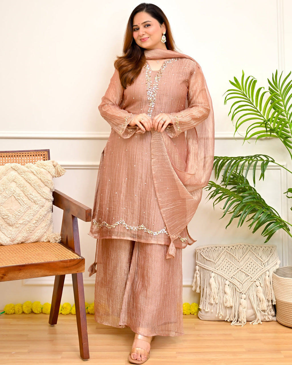 Rose Banarasi Crush Tissue Handwork Suit