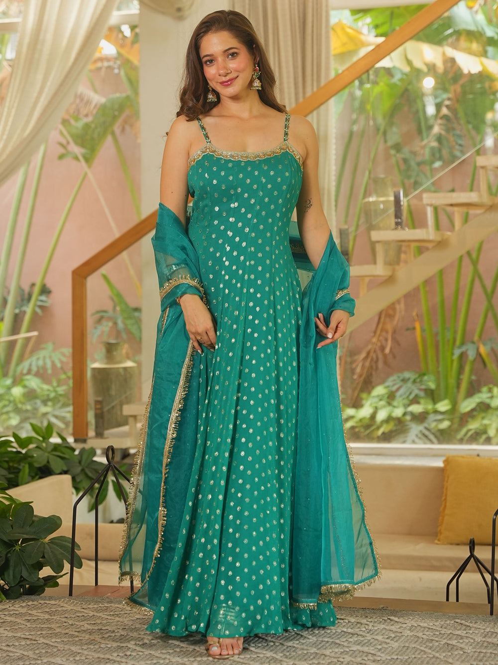 Teal Green Embroidered Anarkali Suit Set