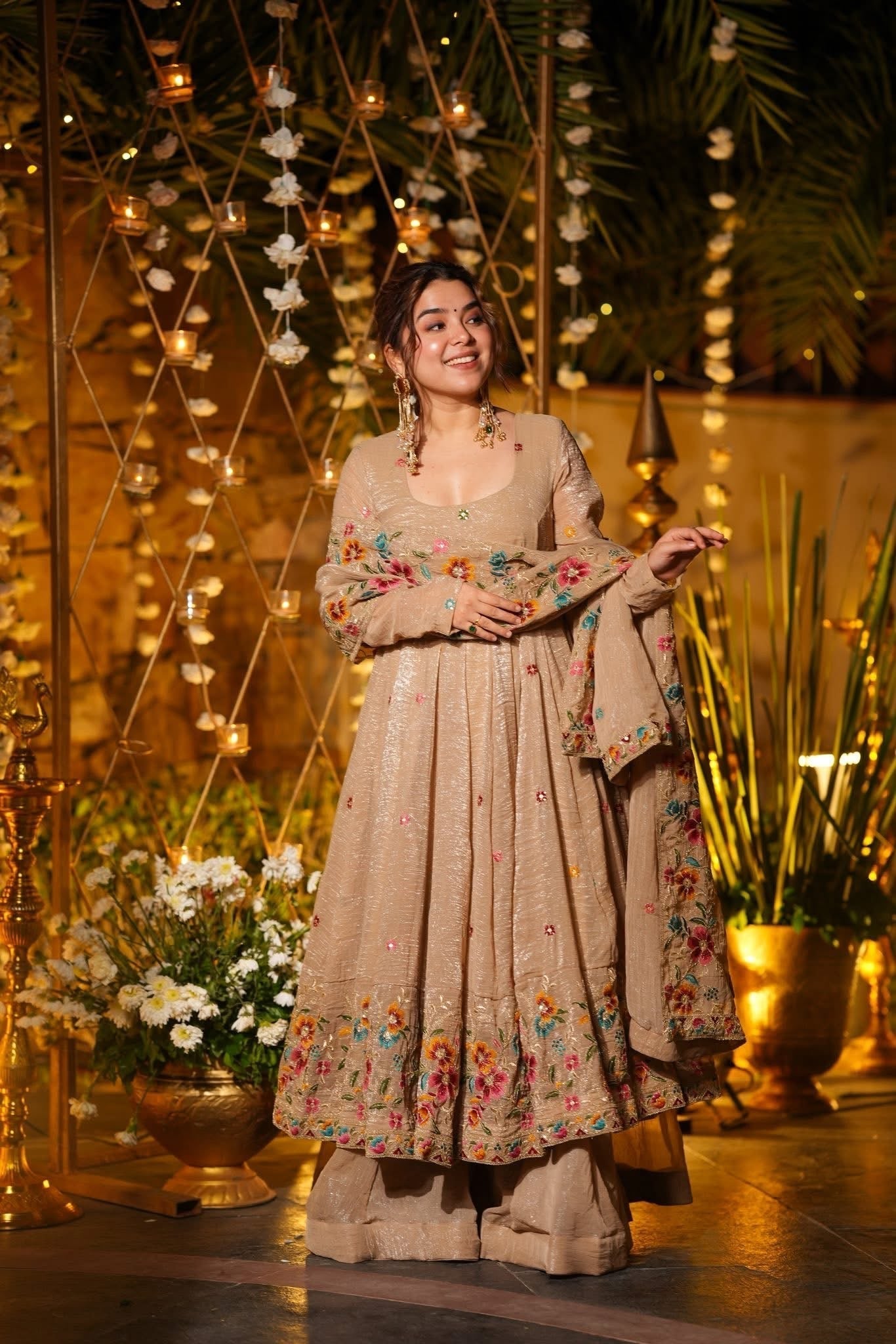 Beautiful Floral Embroidered Beige Anarkali Sharara Set
