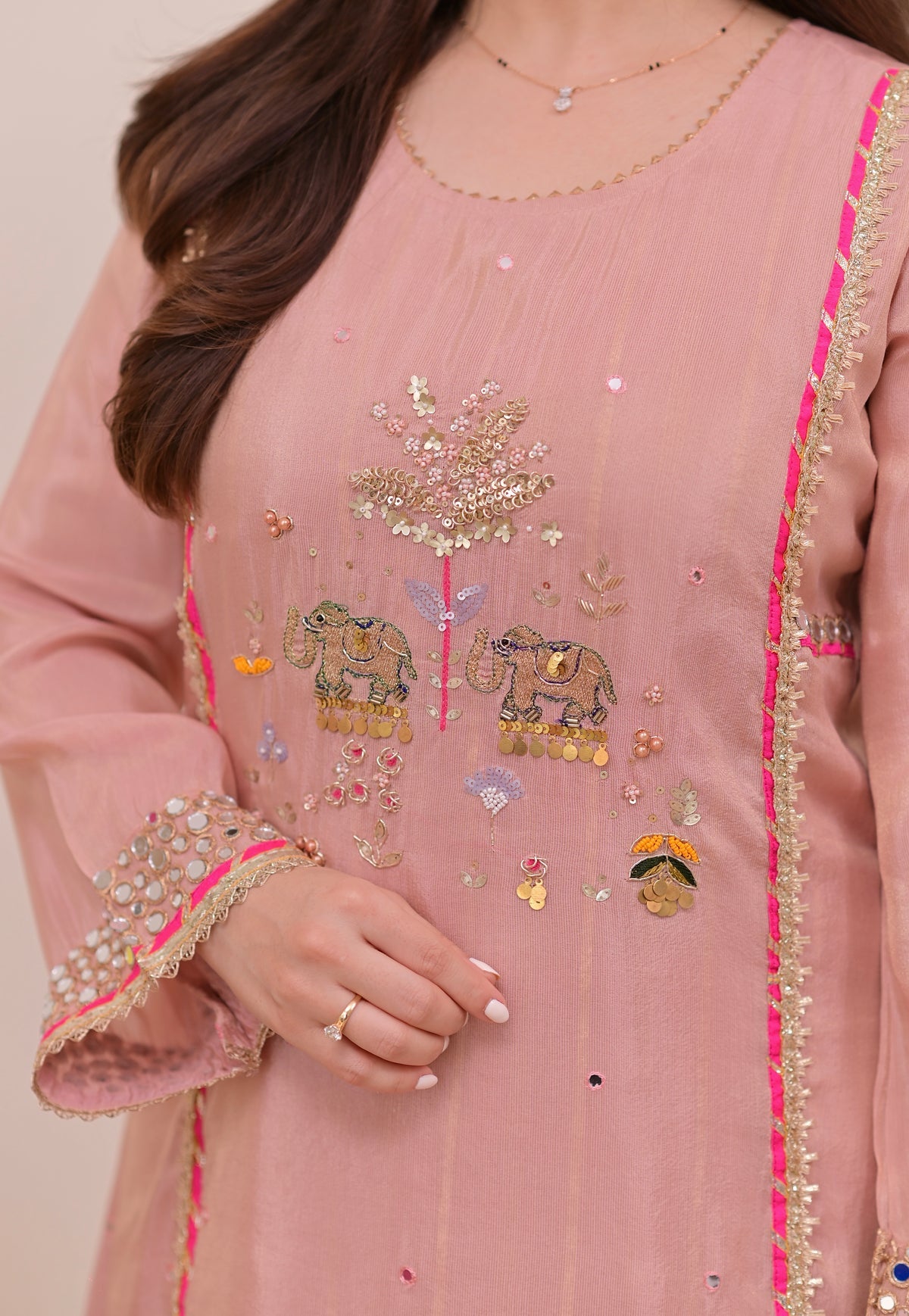 Gulabi Mul Chanderi Handwork A Line Suit