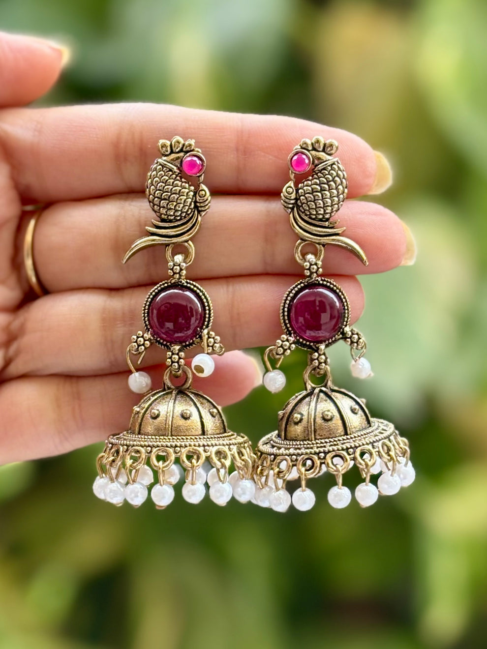 Antique Gold Peacock Ruby Pearl Jhumka Earrings