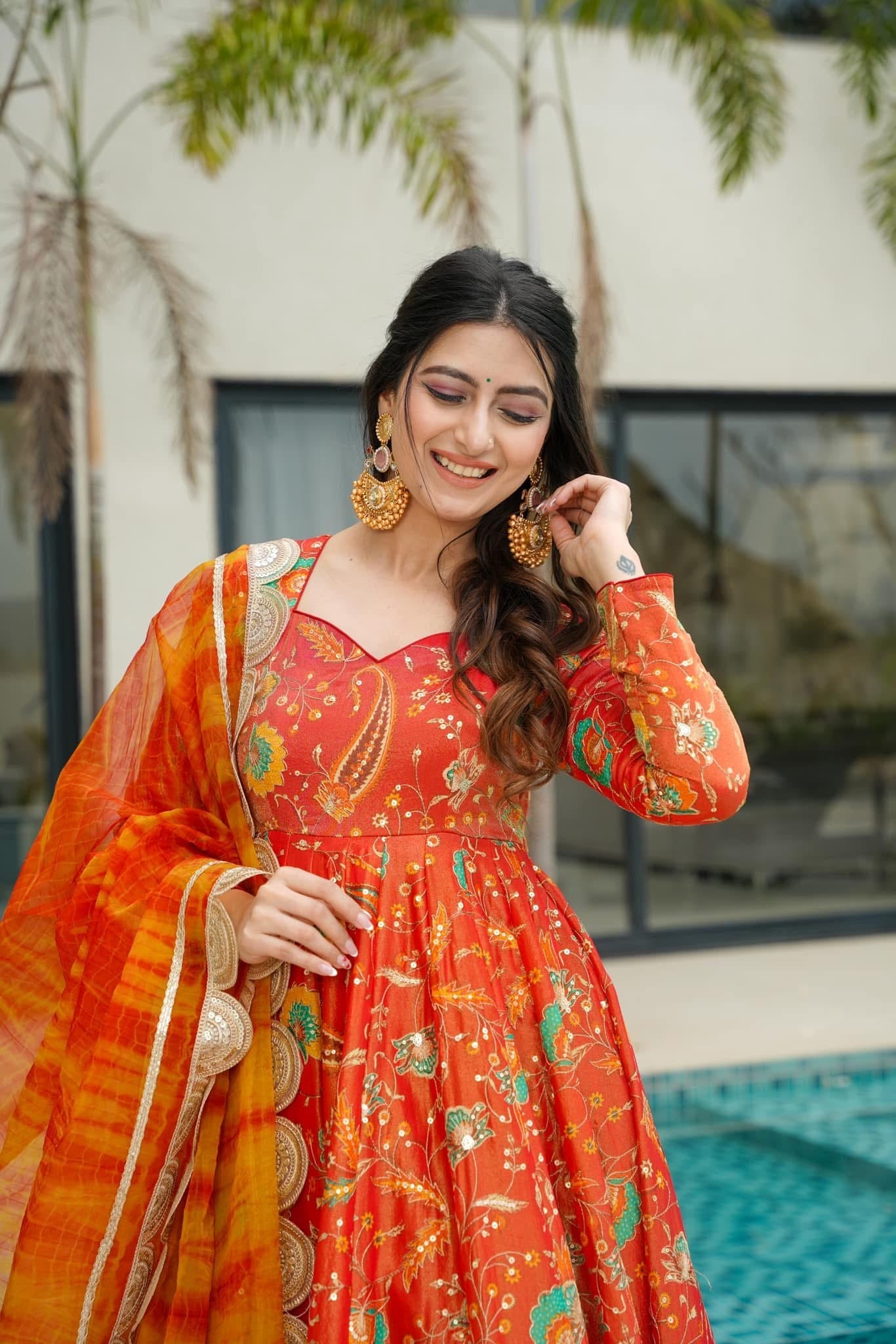 Sunset Bloom Printed Anarkali Set with Organza Dupatta