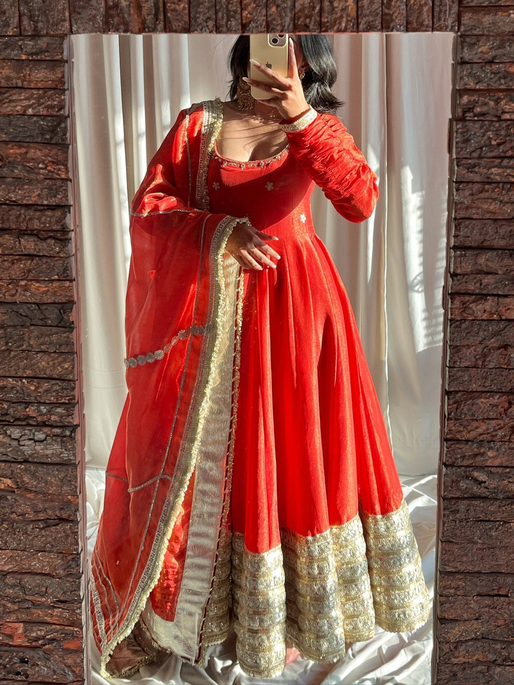 Red Elegant Anarkali Suit Set with Heavy Golden Border & Dupatta