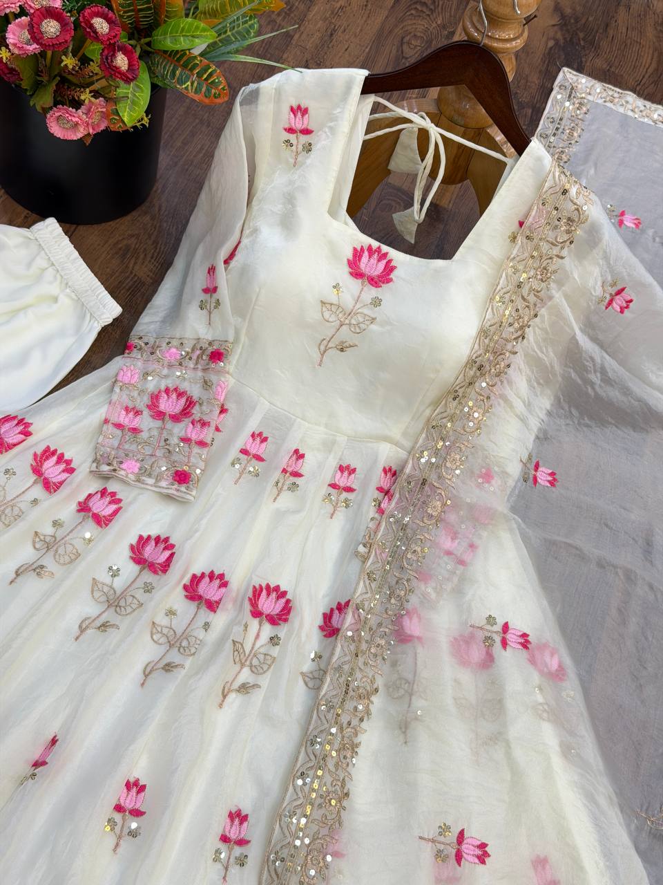 Beautiful Lotus Embroidered Anarkali Suit Set