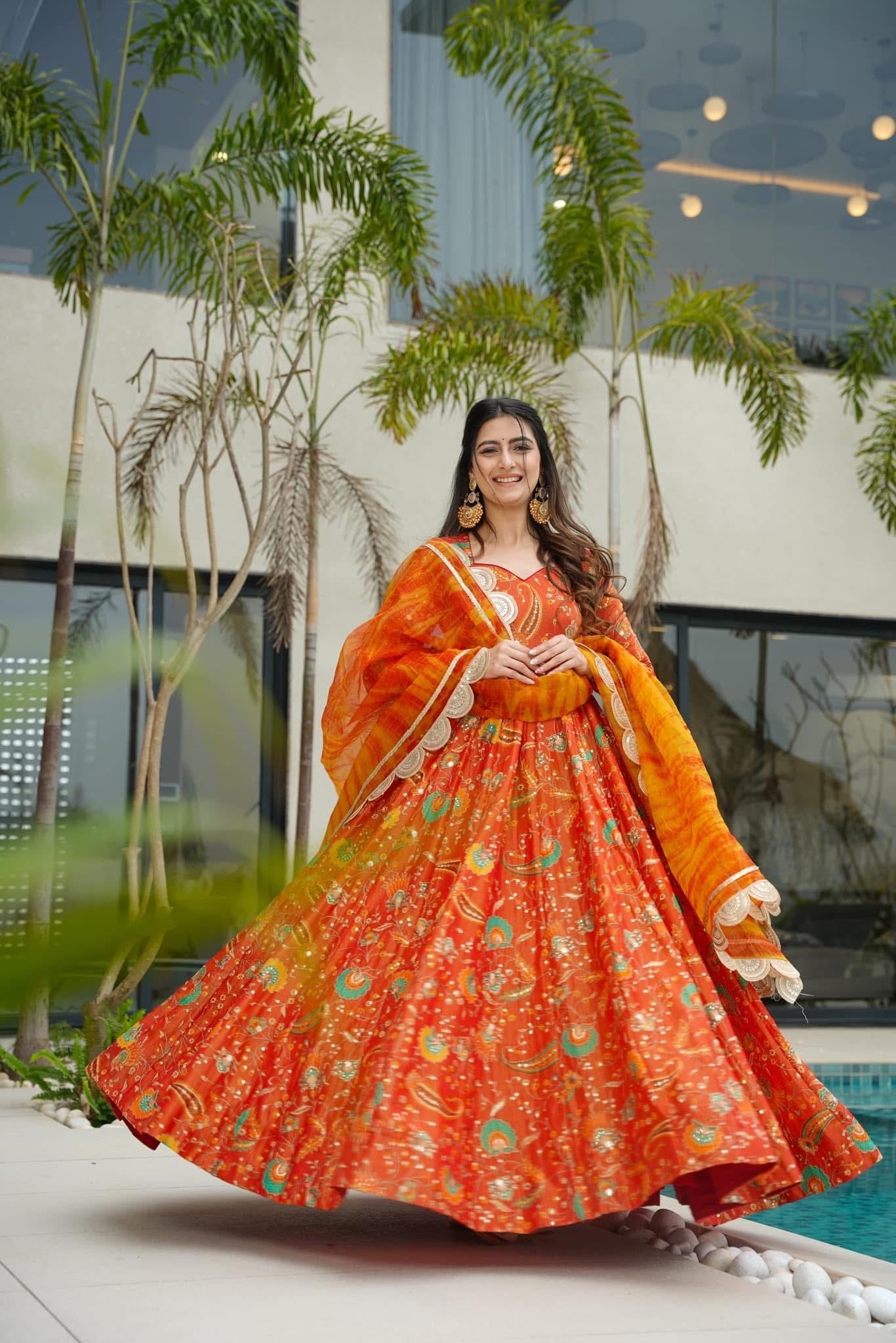 Sunset Bloom Printed Anarkali Set with Organza Dupatta