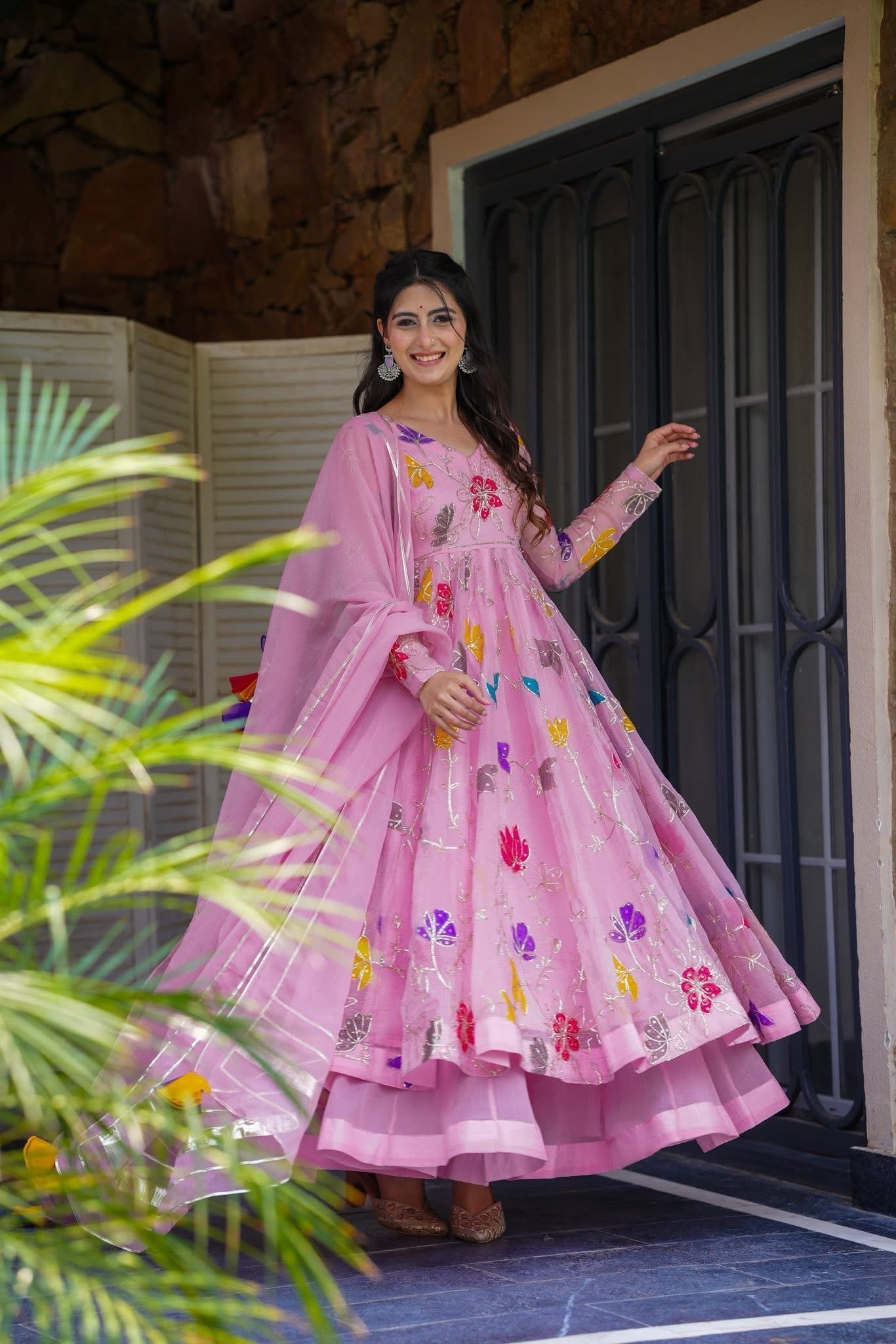 Beautiful Crushed Organza Pink Anarkali Suit Set