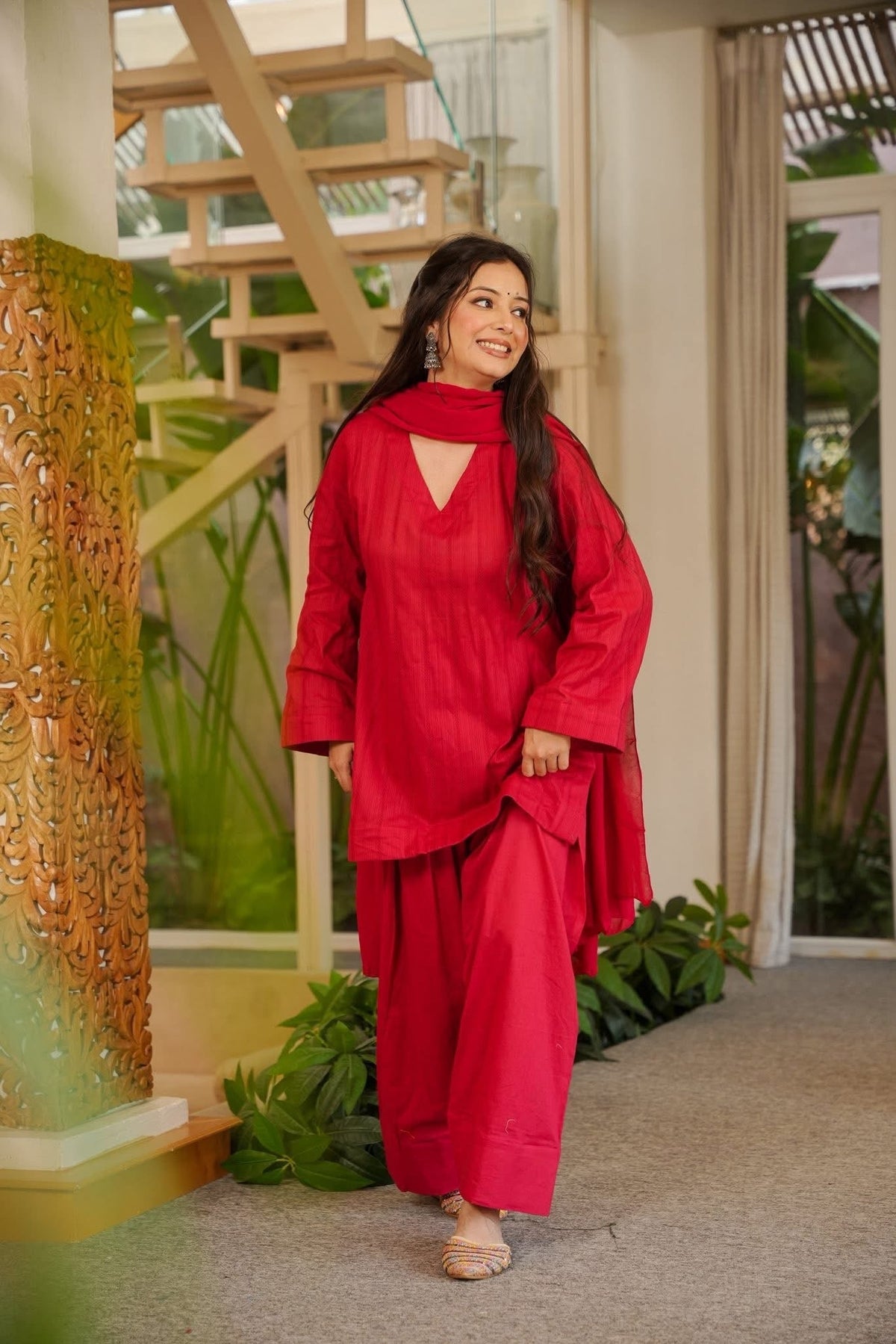 Red Cotton Farshi Salwar Suit Set