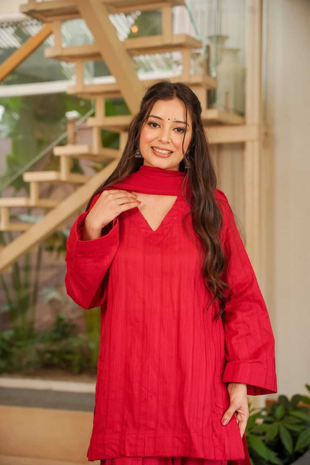 Red Cotton Farshi Salwar Suit Set