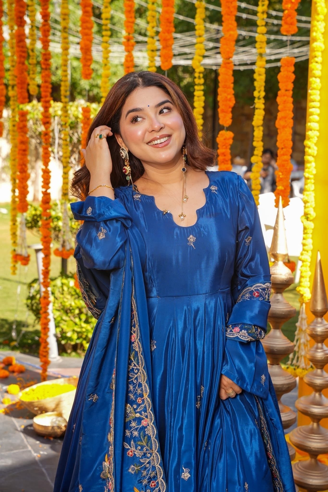 Trendy Blue Chanderi Silk Embroidered Anarkali Suit Set