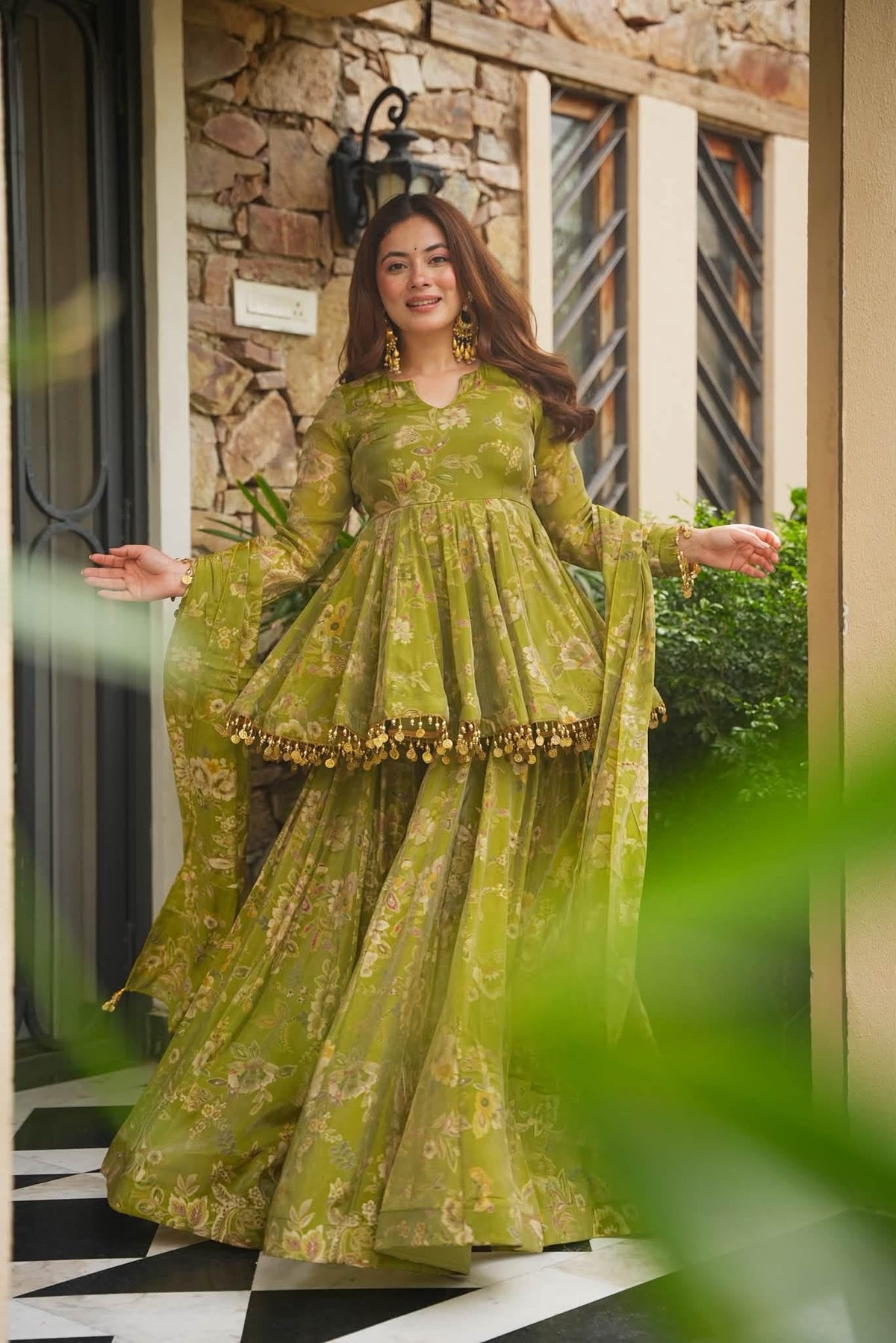Floral Cosmos Organza Top Sharara Set