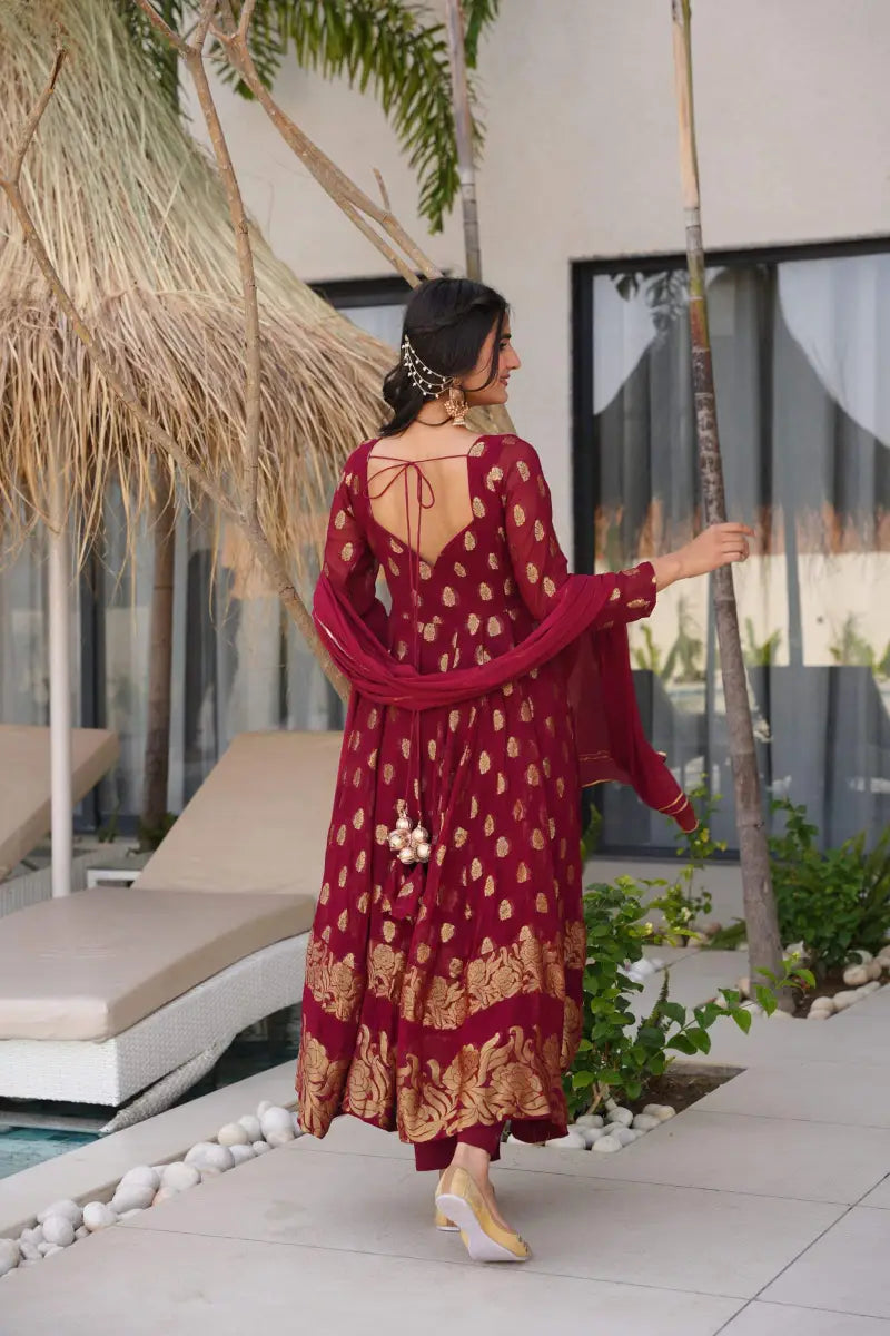 Beautiful Jacquard Maroon Anarkali Suit Set