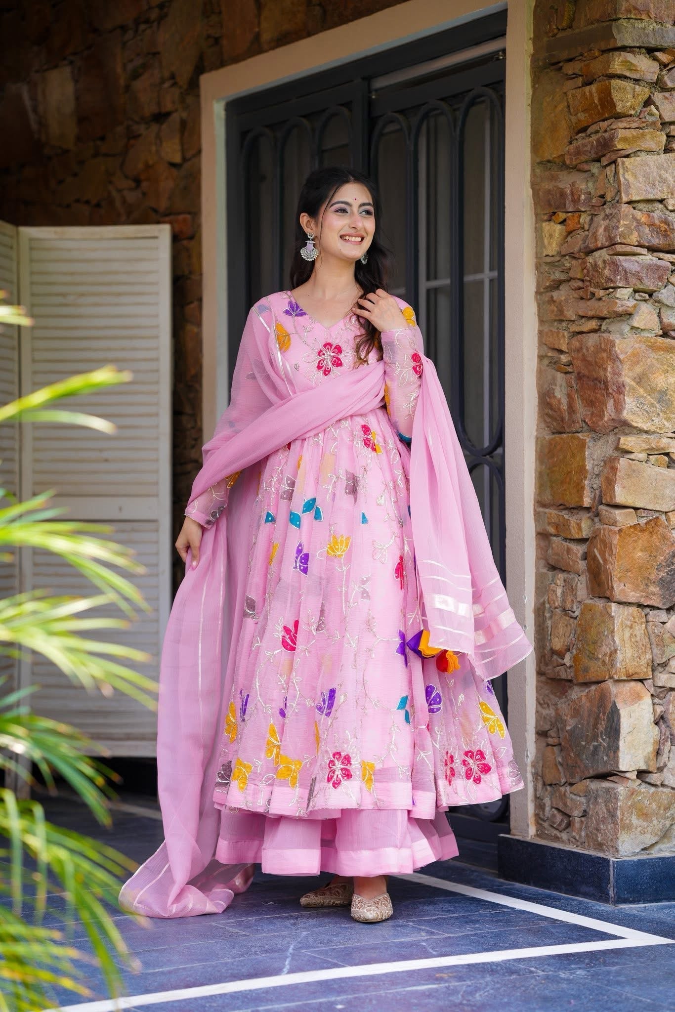 Beautiful Crushed Organza Pink Anarkali Suit Set