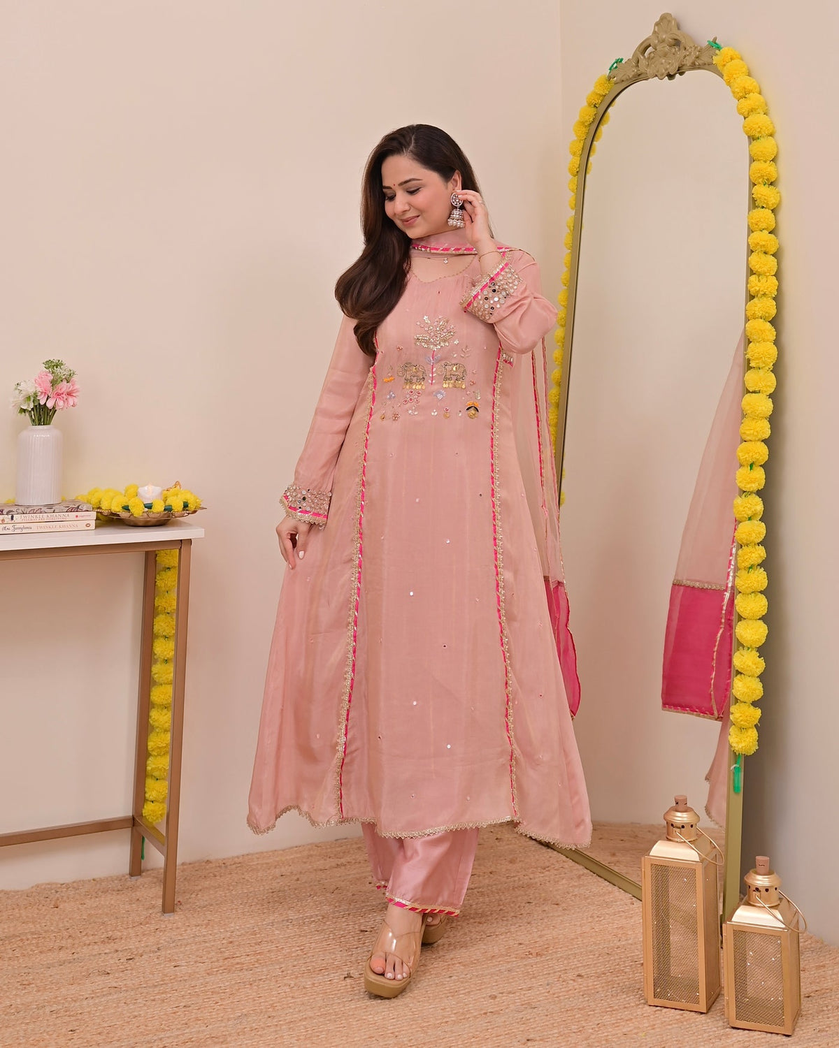 Gulabi Mul Chanderi Handwork A Line Suit