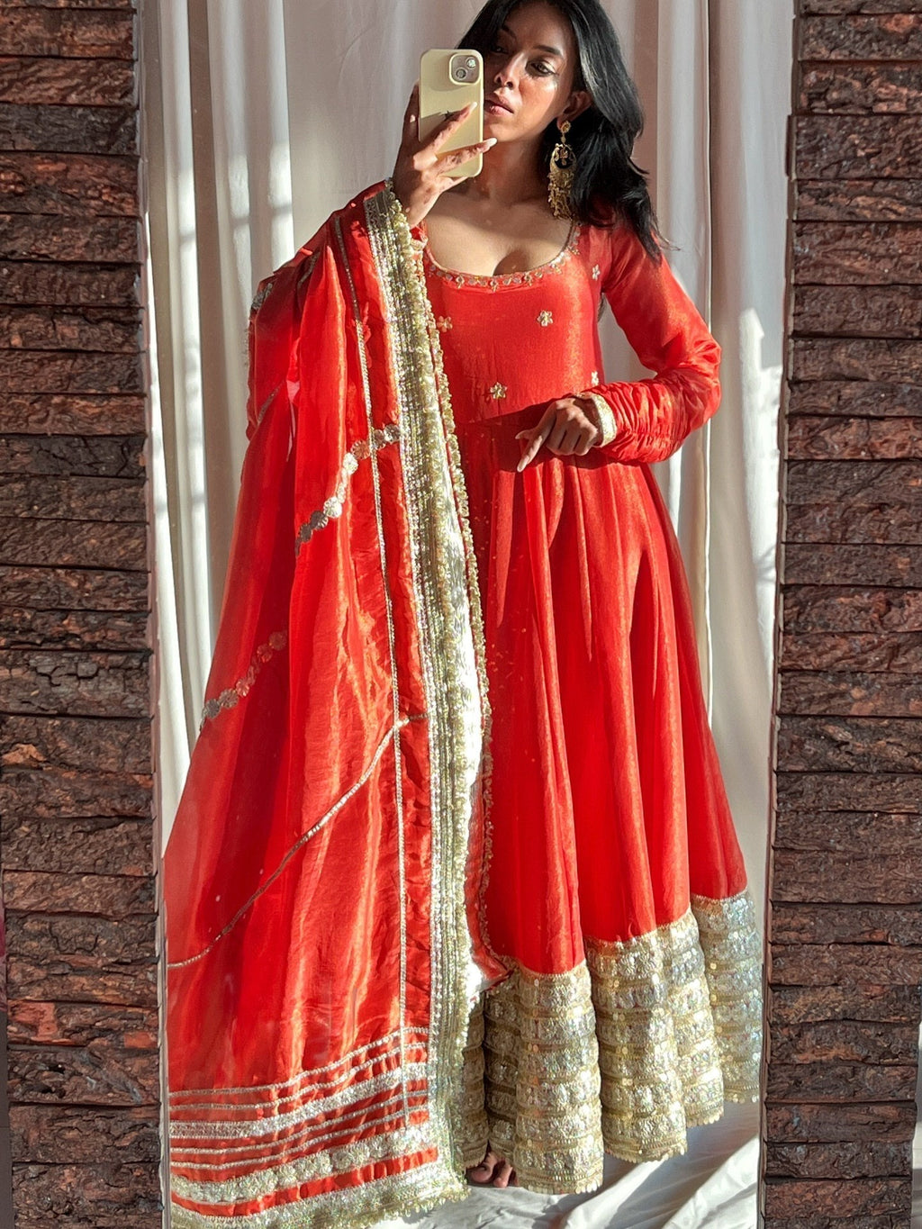 Red Elegant Anarkali Suit Set with Heavy Golden Border & Dupatta