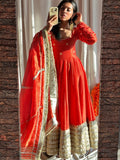 Red Elegant Anarkali Suit Set with Heavy Golden Border & Dupatta