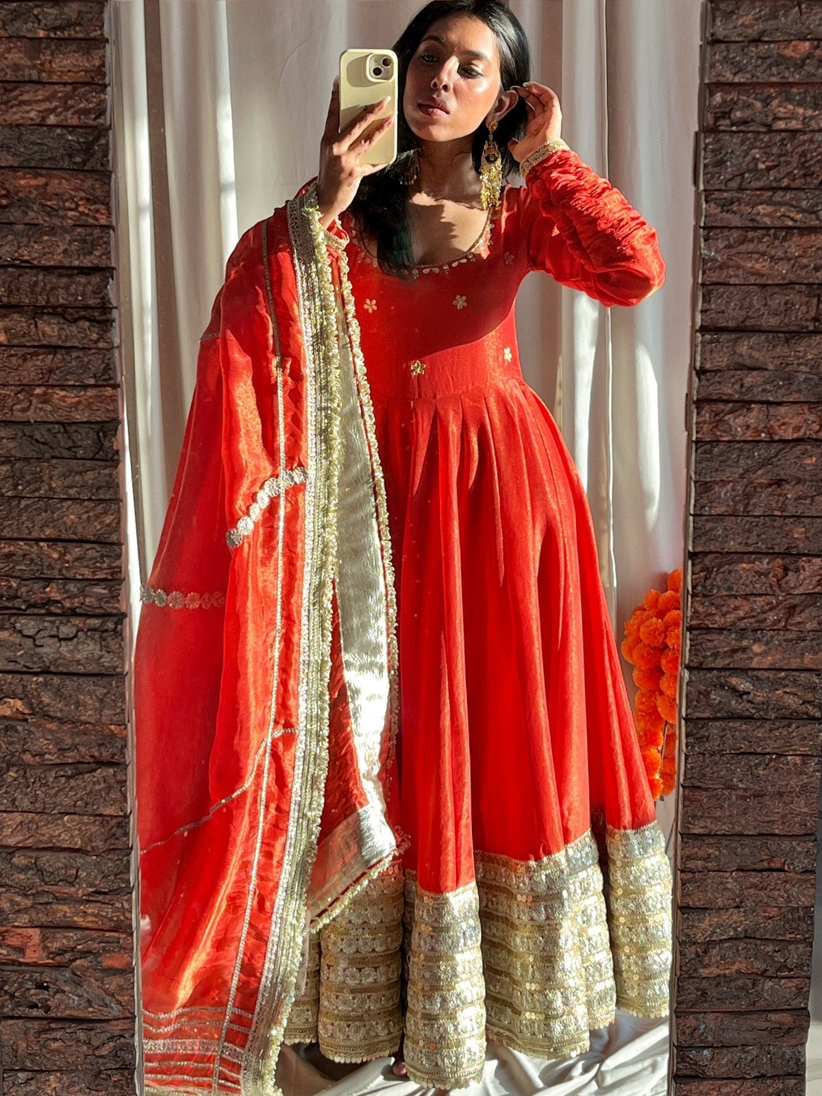 Red Elegant Anarkali Suit Set with Heavy Golden Border & Dupatta