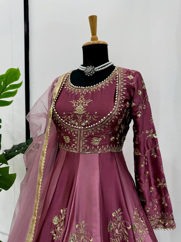 Onion Pink Japan Satin Anarkali with Sequins Work & Butterfly Net Dupatta
